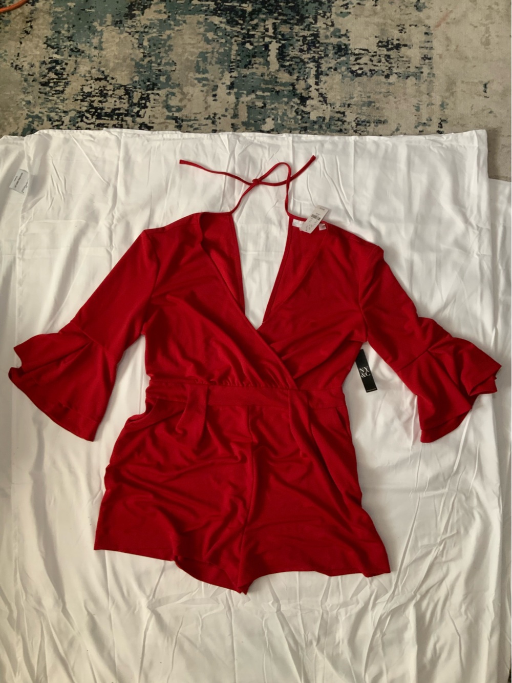 New York & Company Red Wrap-Style V-Neck Romper
